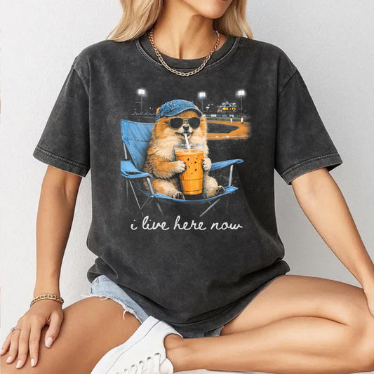 Funny Pomeranian Ballfield Baseball Field I Live Here Now T-Shirt