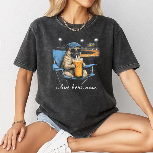 Funny Pug Dog Ballfield Baseball Field I Live Here Now T-Shirt