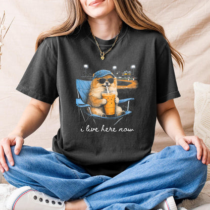 Funny Pomeranian Ballfield Baseball Field I Live Here Now T-Shirt