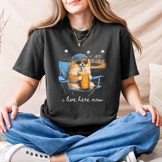Funny Pomeranian Ballfield Baseball Field I Live Here Now T-Shirt