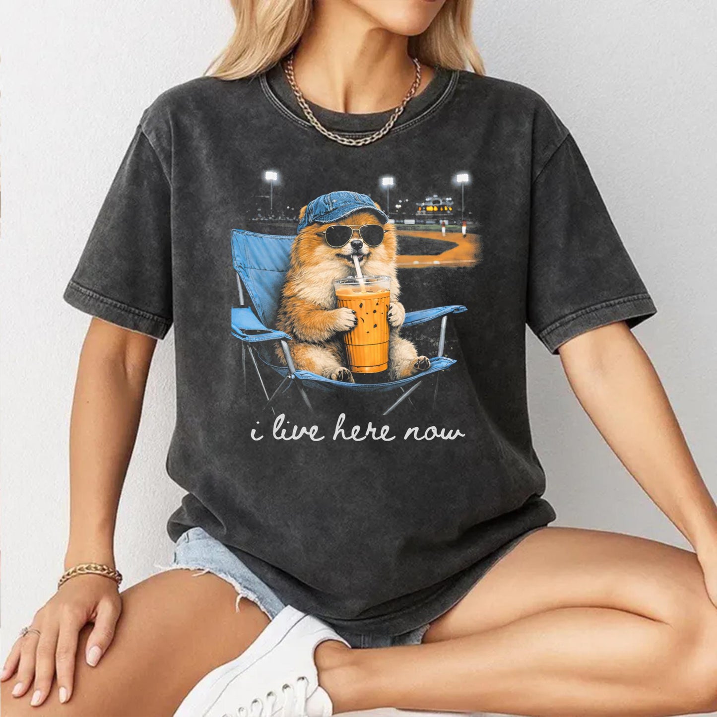 Funny Pomeranian Ballfield Baseball Field I Live Here Now T-Shirt