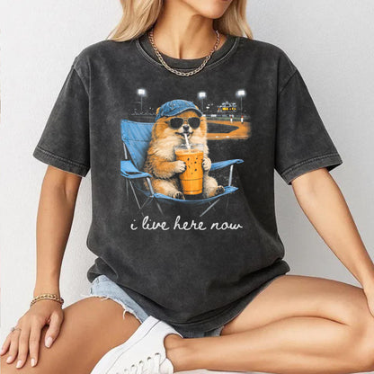 Funny Pomeranian Ballfield Baseball Field I Live Here Now T-Shirt