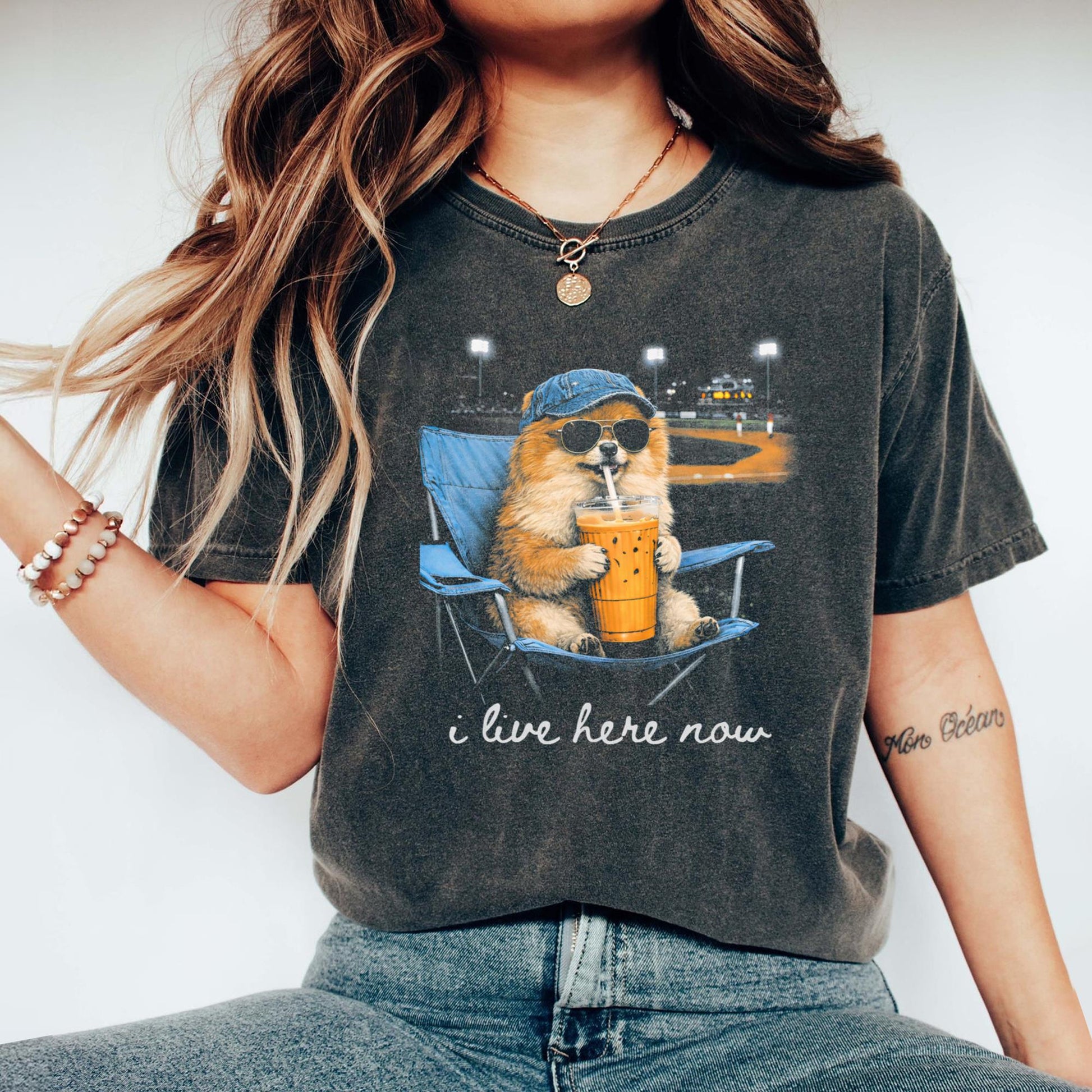 Funny Pomeranian Ballfield Baseball Field I Live Here Now T-Shirt