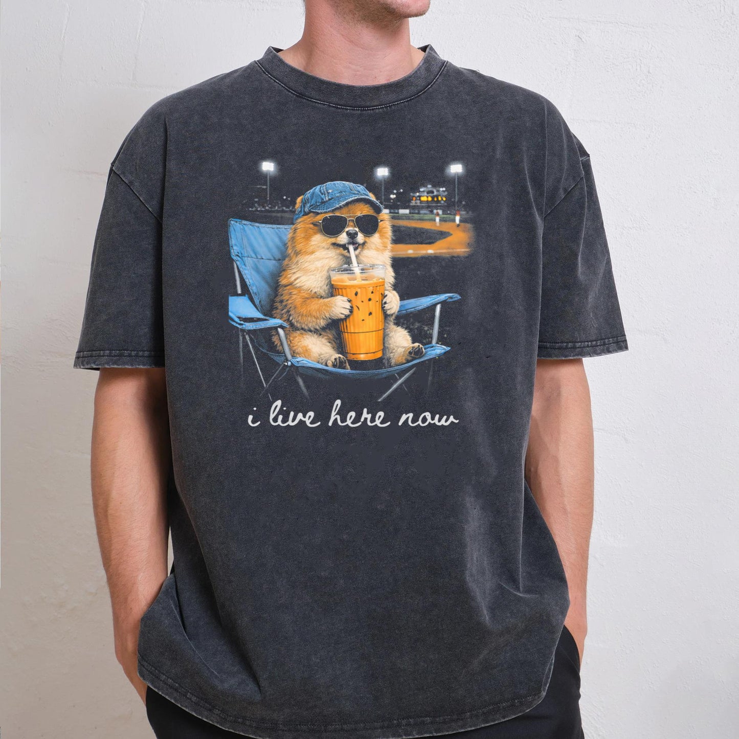 Funny Pomeranian Ballfield Baseball Field I Live Here Now T-Shirt