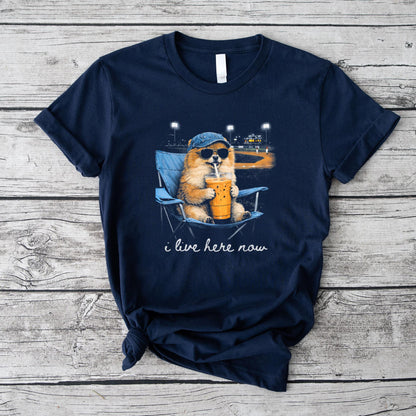 Funny Pomeranian Ballfield Baseball Field I Live Here Now T-Shirt