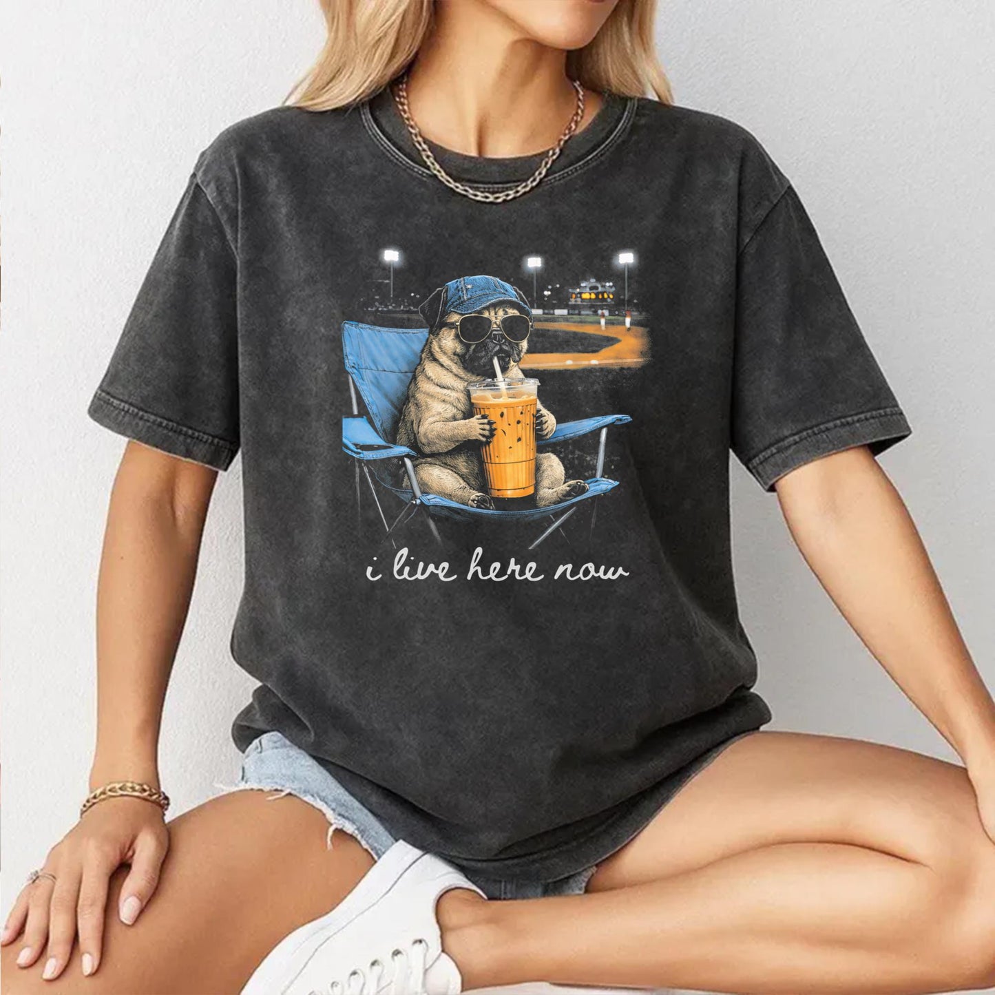Funny Pug Dog Ballfield Baseball Field I Live Here Now T-Shirt