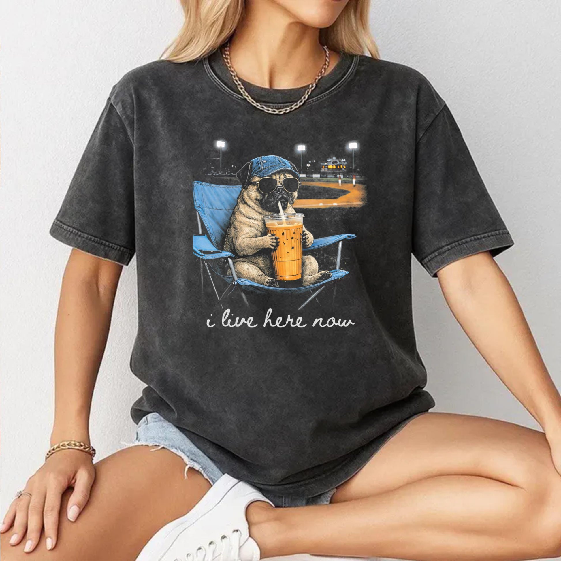 Funny Pug Dog Ballfield Baseball Field I Live Here Now T-Shirt