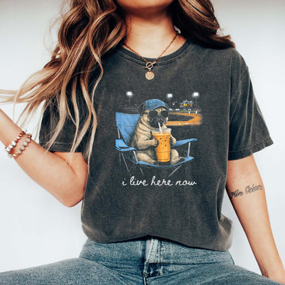 Funny Pug Dog Ballfield Baseball Field I Live Here Now T-Shirt