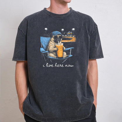 Funny Pug Dog Ballfield Baseball Field I Live Here Now T-Shirt
