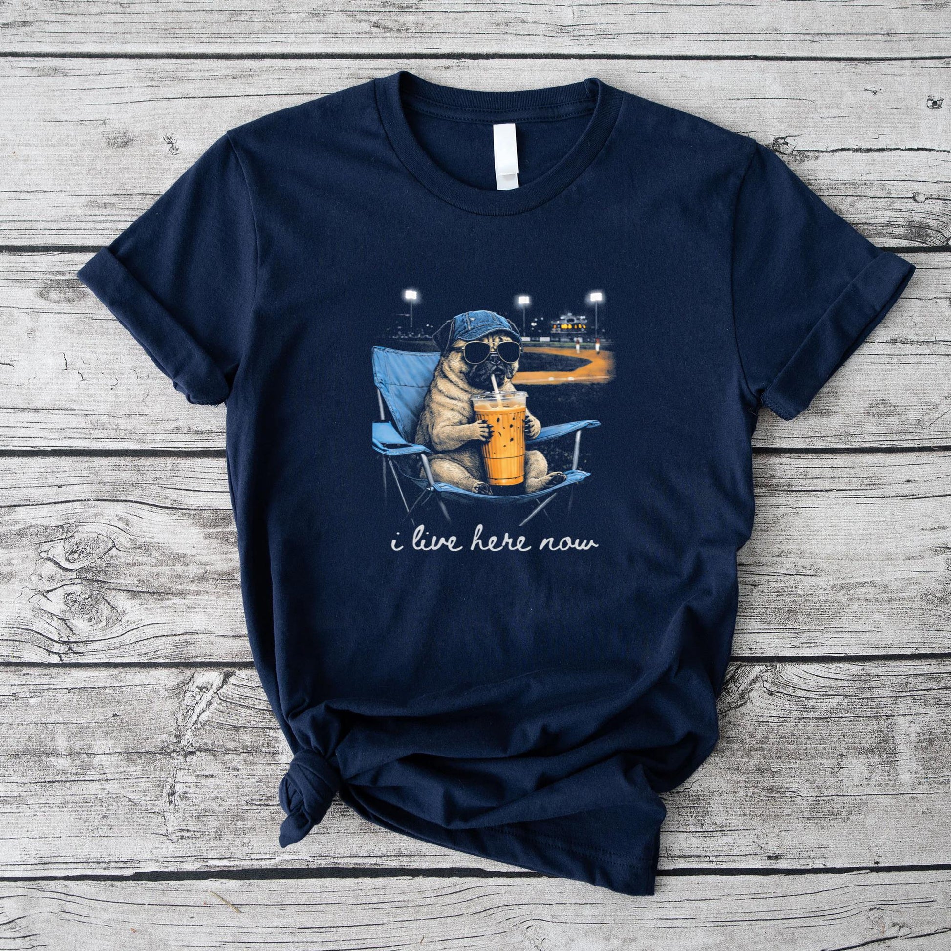 Funny Pug Dog Ballfield Baseball Field I Live Here Now T-Shirt