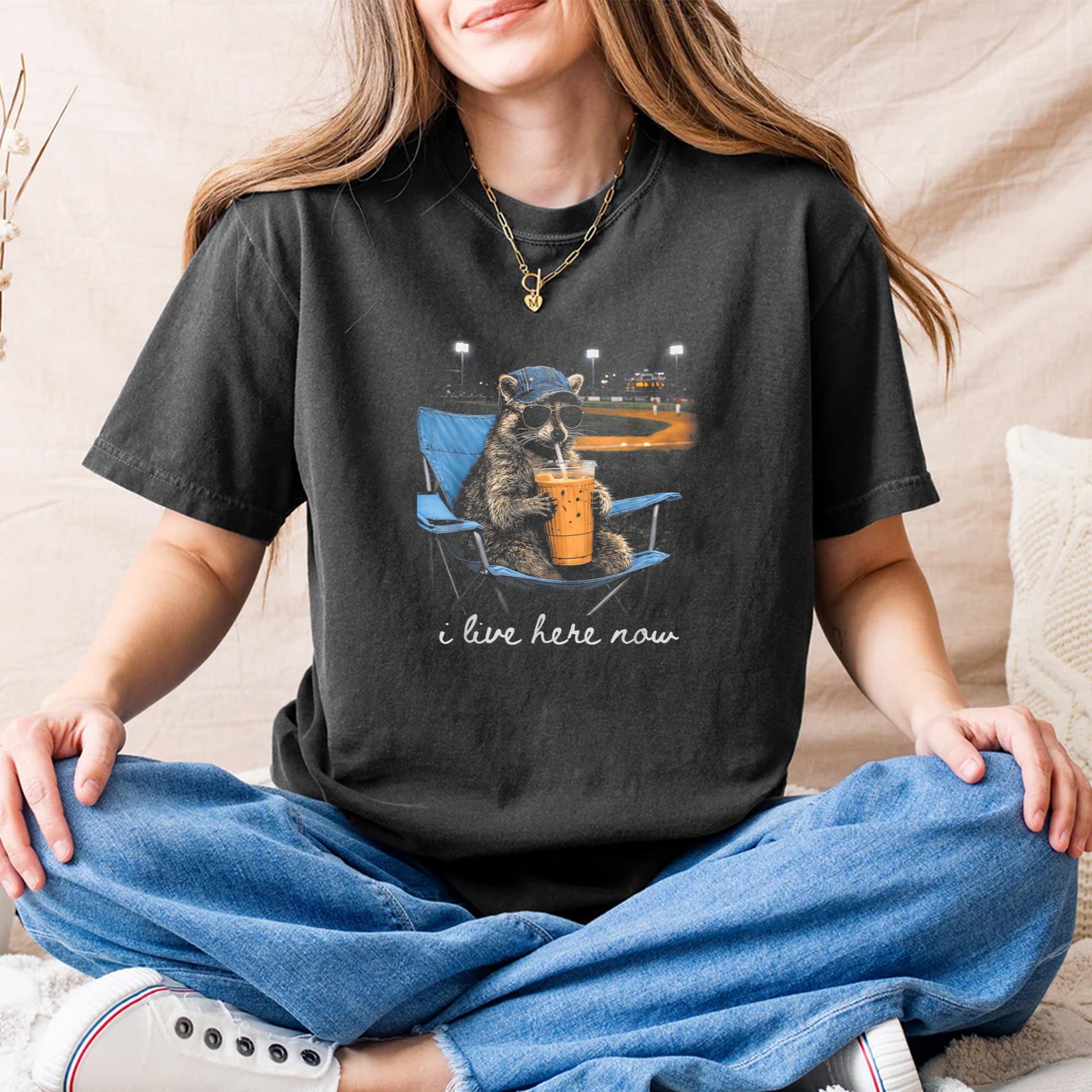 Funny Raccoon Ballfield Baseball Field I Live Here Now T-Shirt