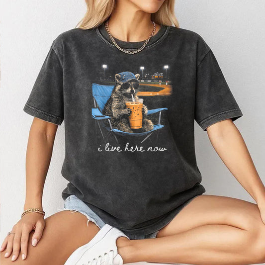 Funny Raccoon Ballfield Baseball Field I Live Here Now T-Shirt