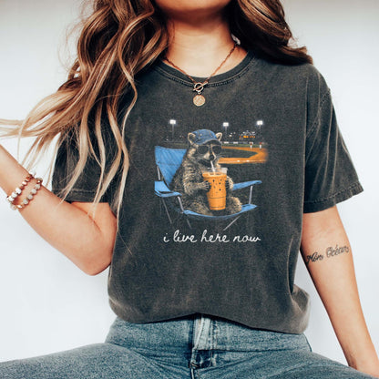 Funny Raccoon Ballfield Baseball Field I Live Here Now T-Shirt