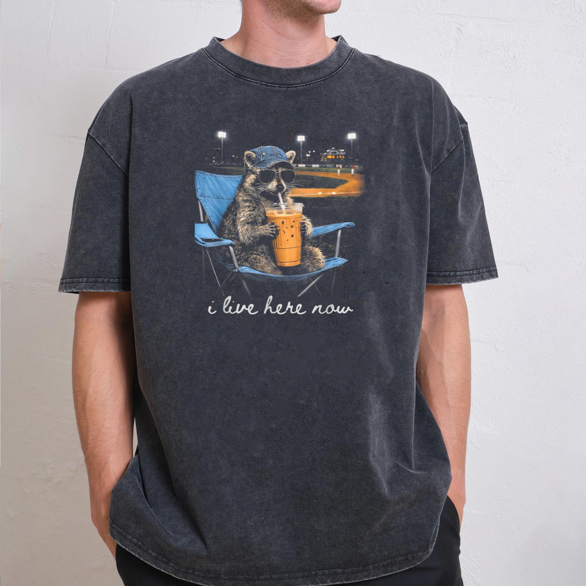Funny Raccoon Ballfield Baseball Field I Live Here Now T-Shirt
