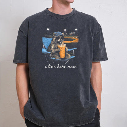 Funny Raccoon Ballfield Baseball Field I Live Here Now T-Shirt