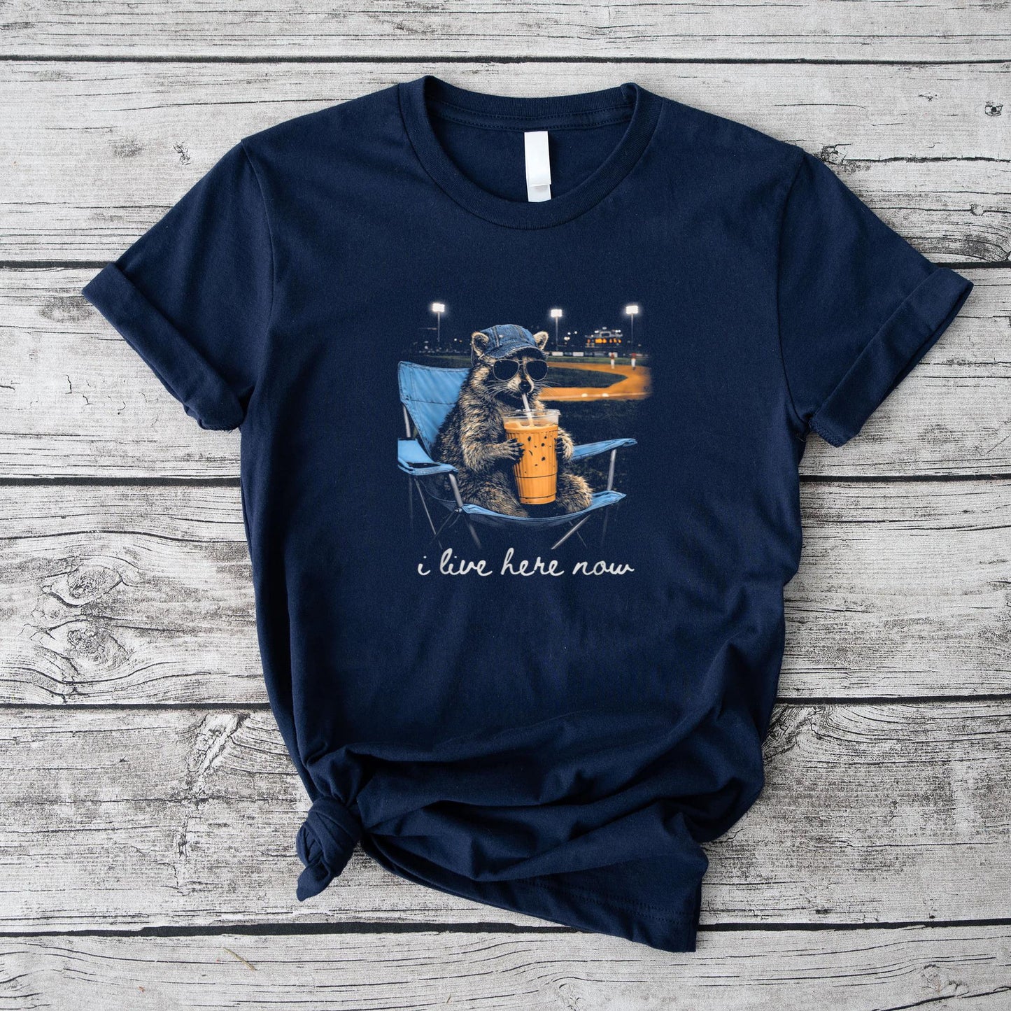 Funny Raccoon Ballfield Baseball Field I Live Here Now T-Shirt