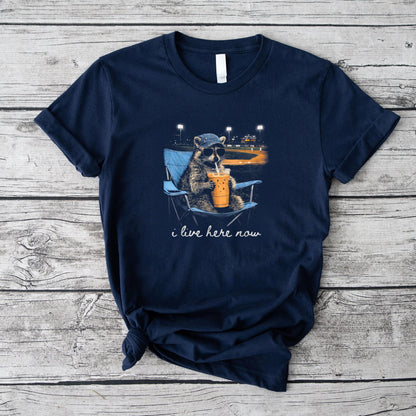 Funny Raccoon Ballfield Baseball Field I Live Here Now T-Shirt