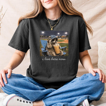 Funny Raccoon Ballfield Baseball Field I Live Here Now T-Shirt v1