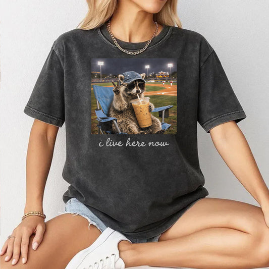 Funny Raccoon Ballfield Baseball Field I Live Here Now T-Shirt v1