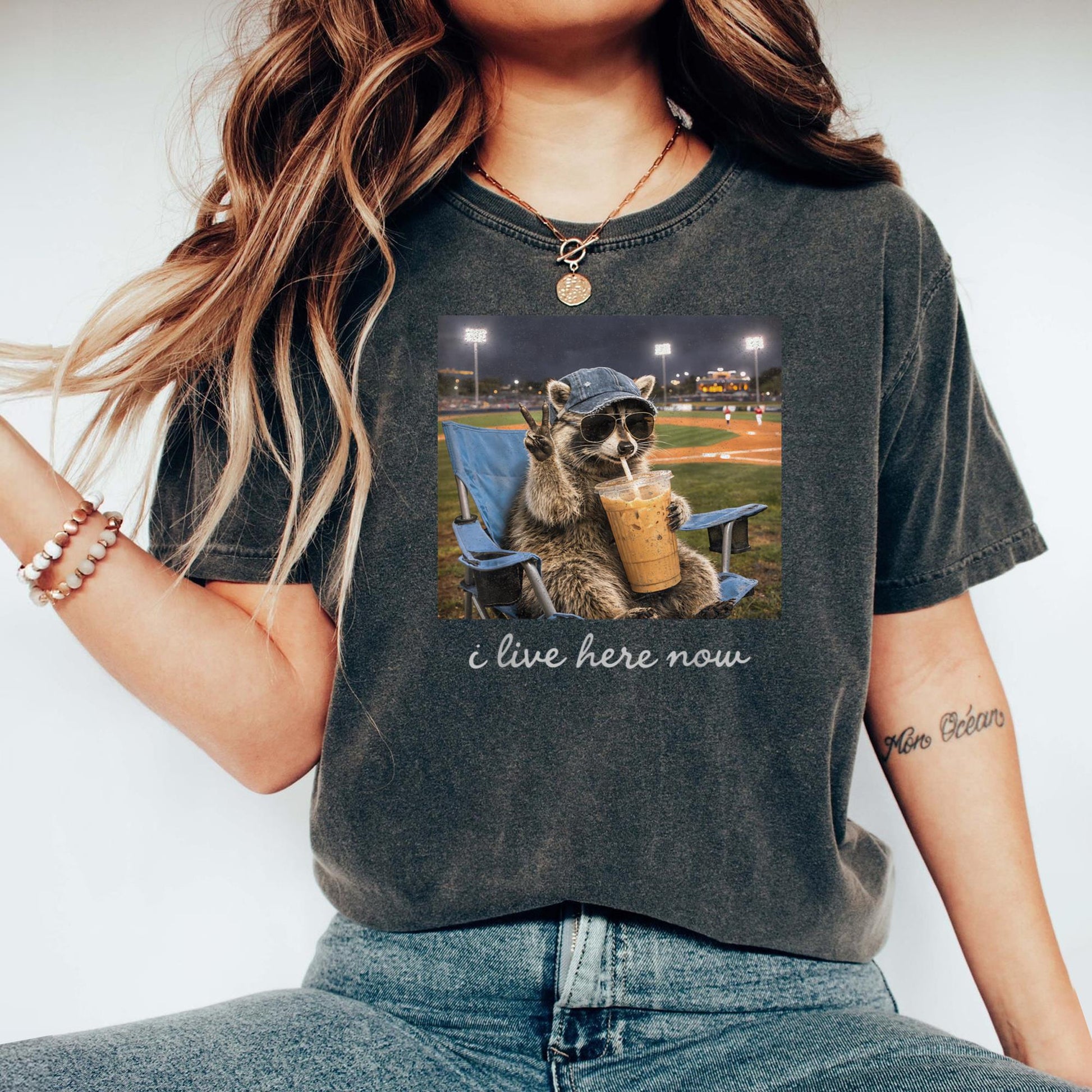 Funny Raccoon Ballfield Baseball Field I Live Here Now T-Shirt v1