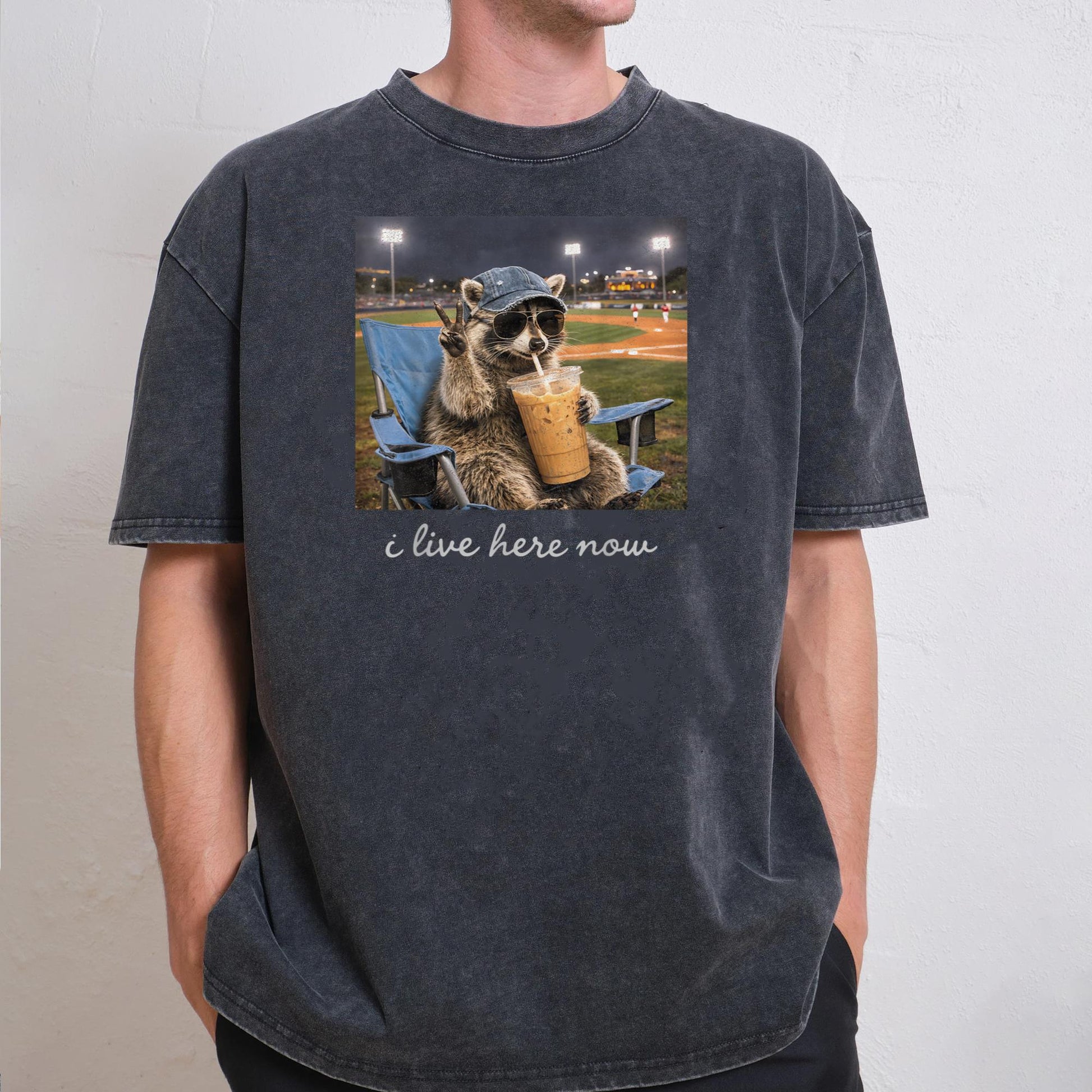 Funny Raccoon Ballfield Baseball Field I Live Here Now T-Shirt v1
