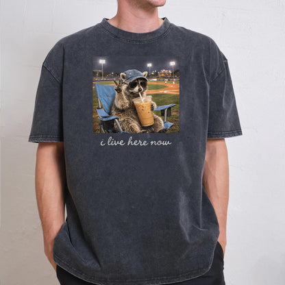 Funny Raccoon Ballfield Baseball Field I Live Here Now T-Shirt v1