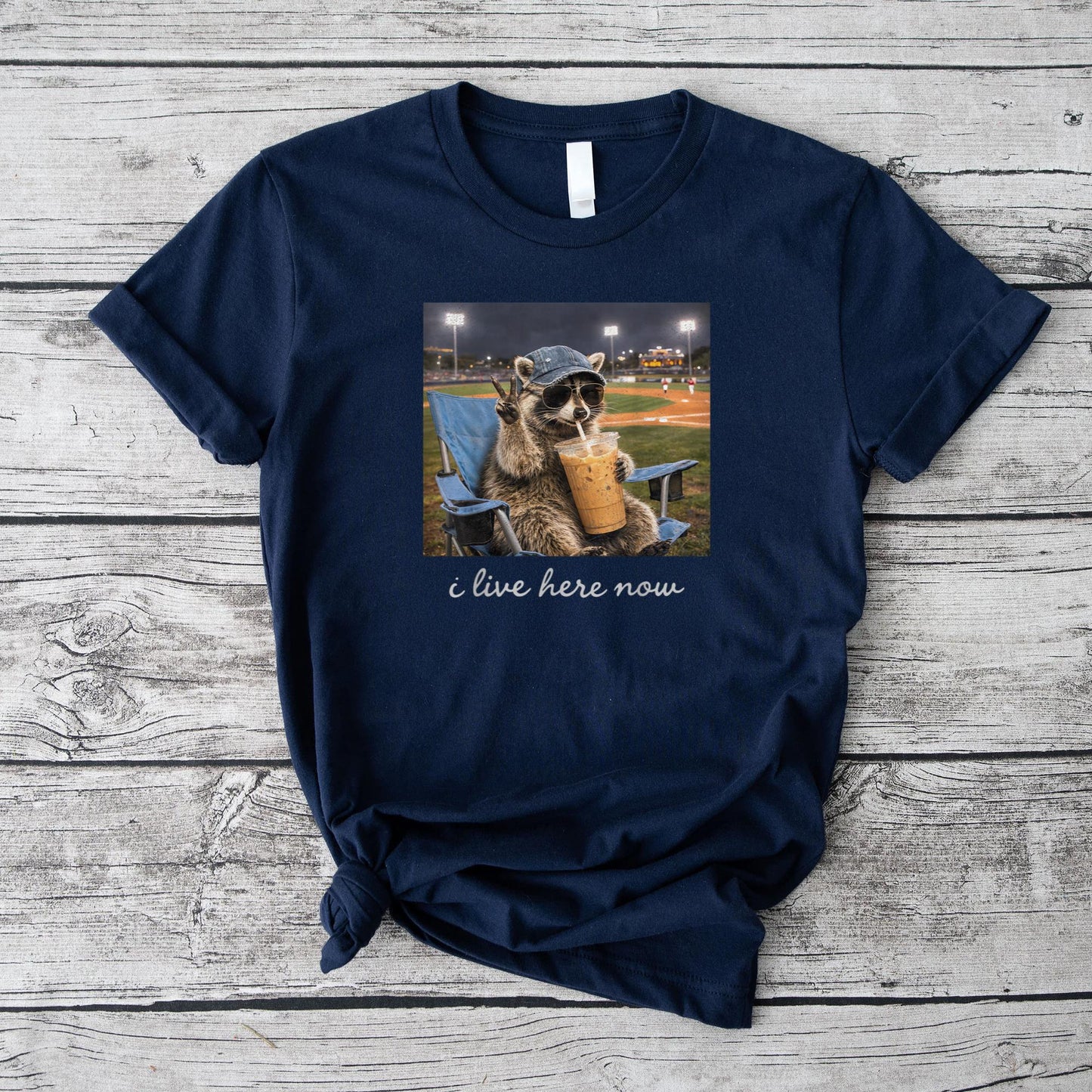 Funny Raccoon Ballfield Baseball Field I Live Here Now T-Shirt v1