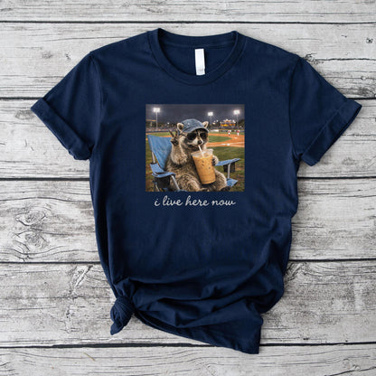 Funny Raccoon Ballfield Baseball Field I Live Here Now T-Shirt v1