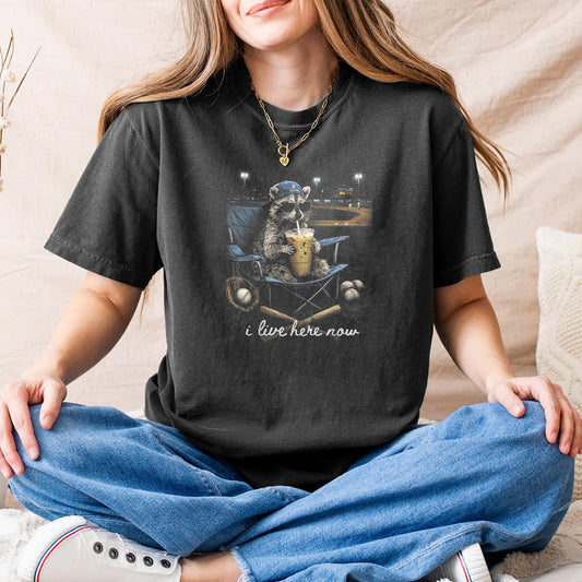 Funny Raccoon Baseball Iced Coffee Lover I Live Here Now T-Shirt