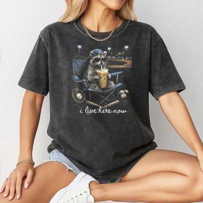 Funny Raccoon Baseball Iced Coffee Lover I Live Here Now T-Shirt