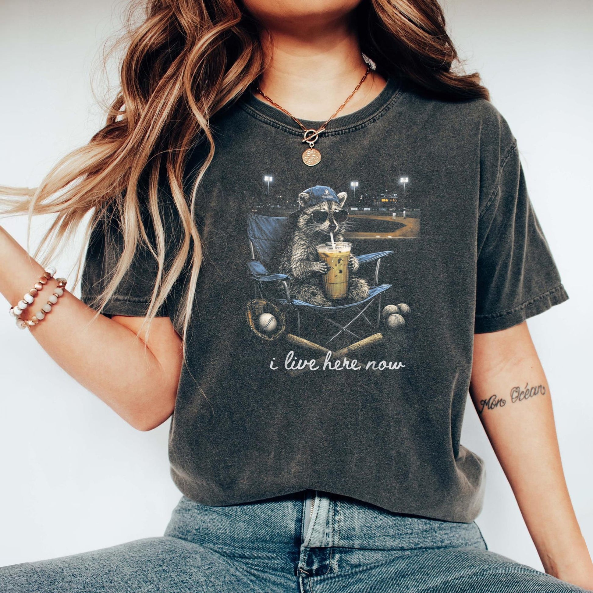 Funny Raccoon Baseball Iced Coffee Lover I Live Here Now T-Shirt