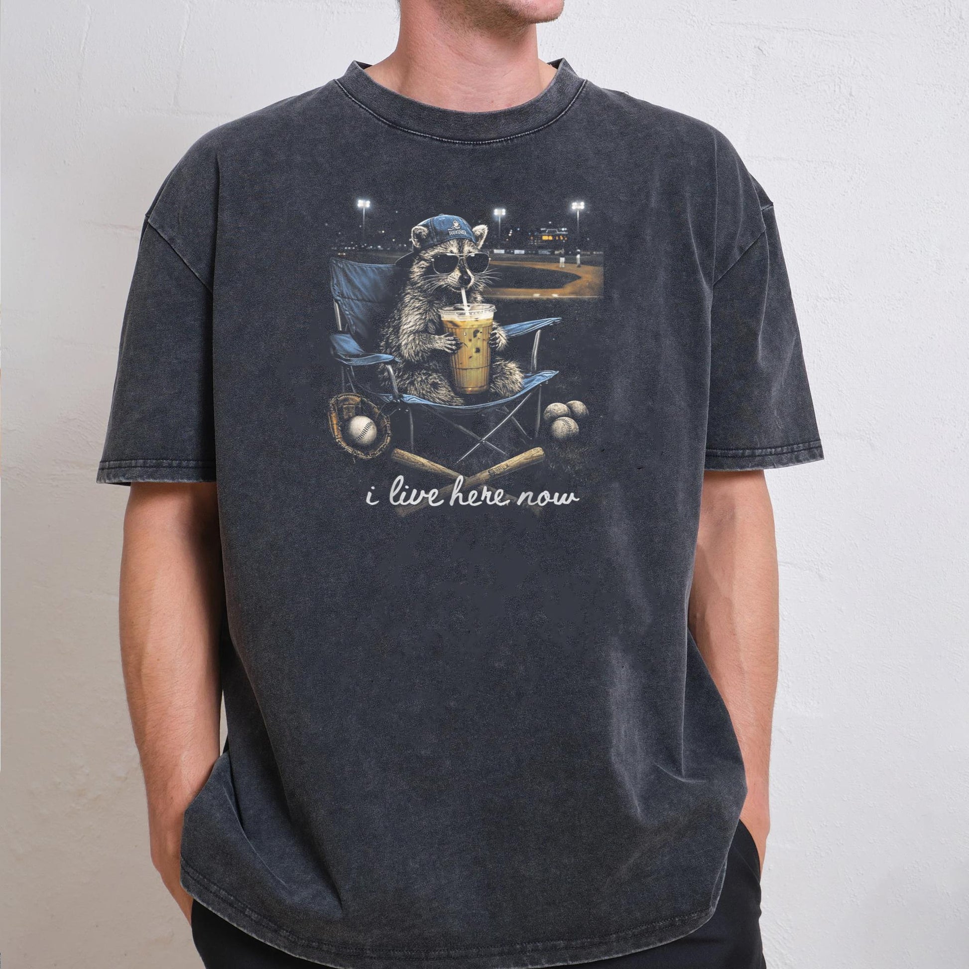 Funny Raccoon Baseball Iced Coffee Lover I Live Here Now T-Shirt