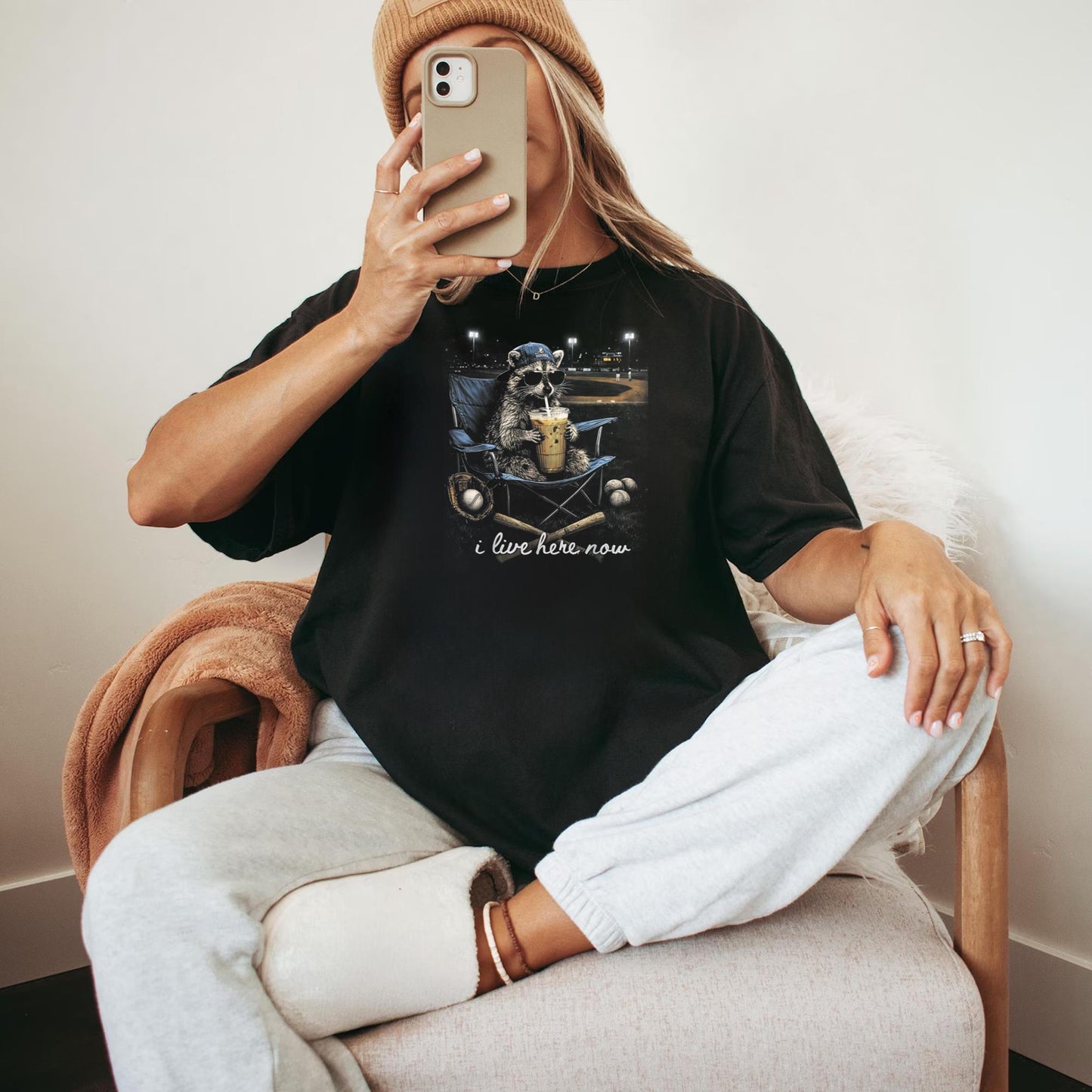 Funny Raccoon Baseball Iced Coffee Lover I Live Here Now T-Shirt