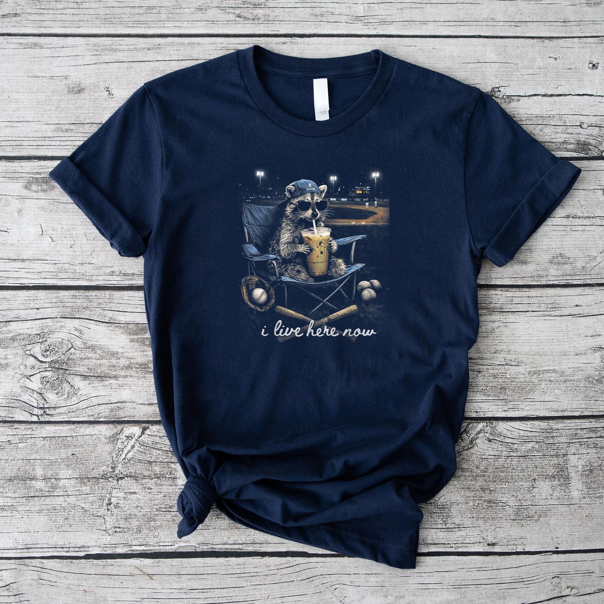 Funny Raccoon Baseball Iced Coffee Lover I Live Here Now T-Shirt