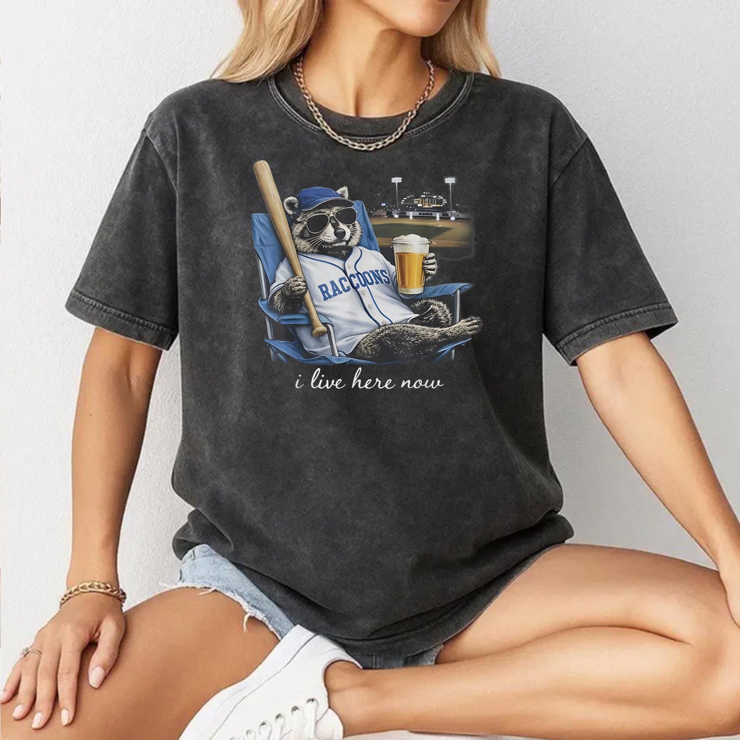 Funny Raccoon Beer Ballfield Baseball Field I Live Here Now T-Shirt