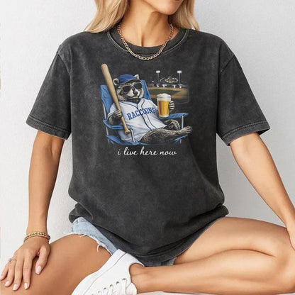 Funny Raccoon Beer Ballfield Baseball Field I Live Here Now T-Shirt