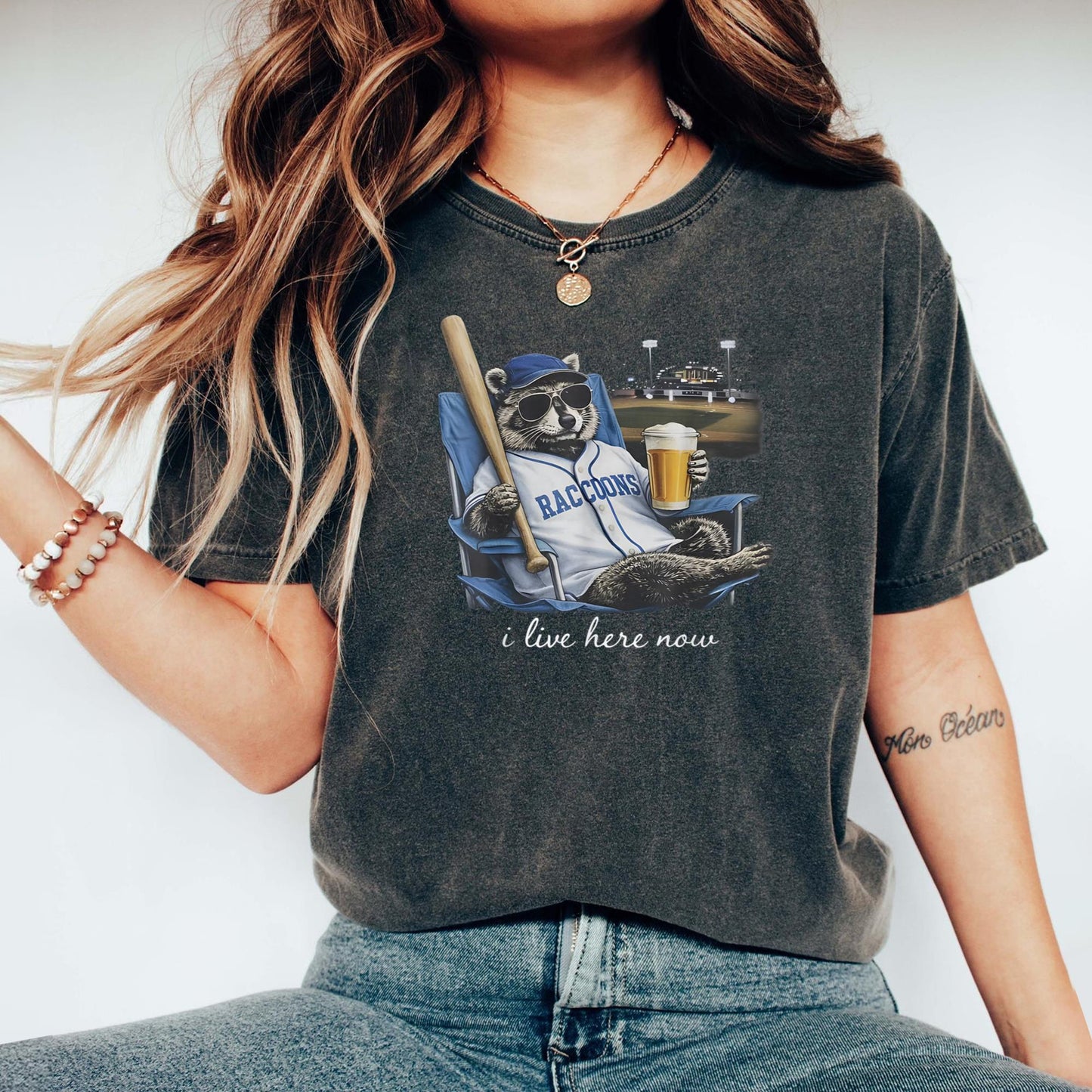 Funny Raccoon Beer Ballfield Baseball Field I Live Here Now T-Shirt