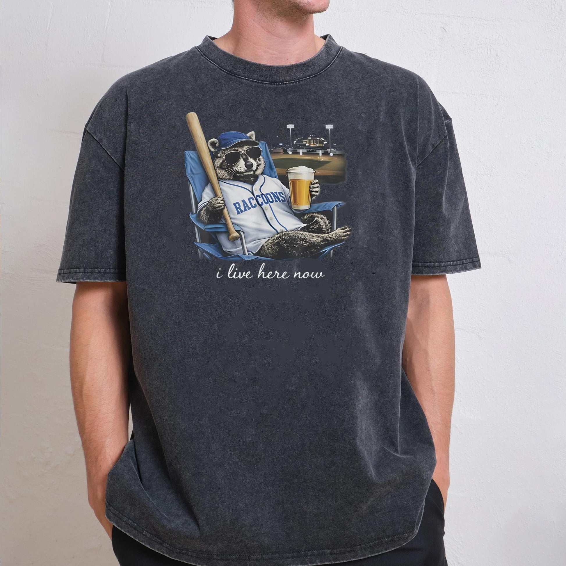 Funny Raccoon Beer Ballfield Baseball Field I Live Here Now T-Shirt