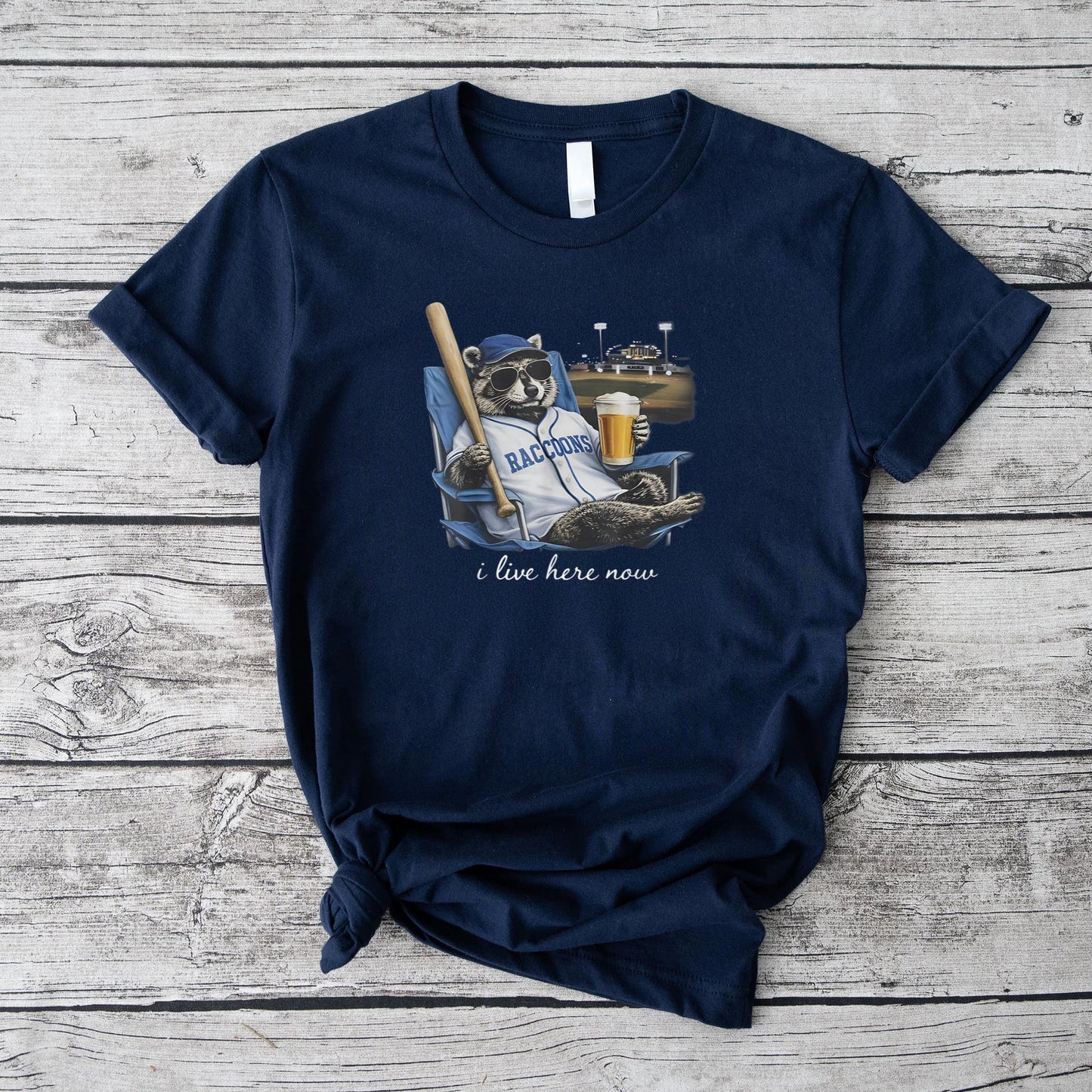 Funny Raccoon Beer Ballfield Baseball Field I Live Here Now T-Shirt