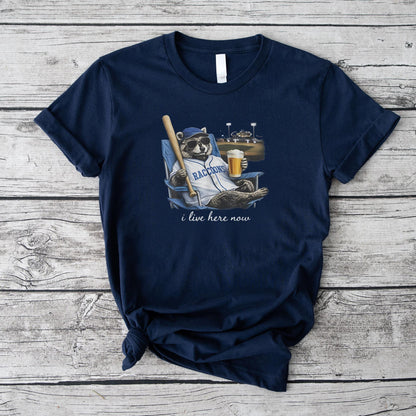 Funny Raccoon Beer Ballfield Baseball Field I Live Here Now T-Shirt