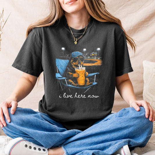Funny Rottweiler Ballfield Baseball Field I Live Here Now T-Shirt