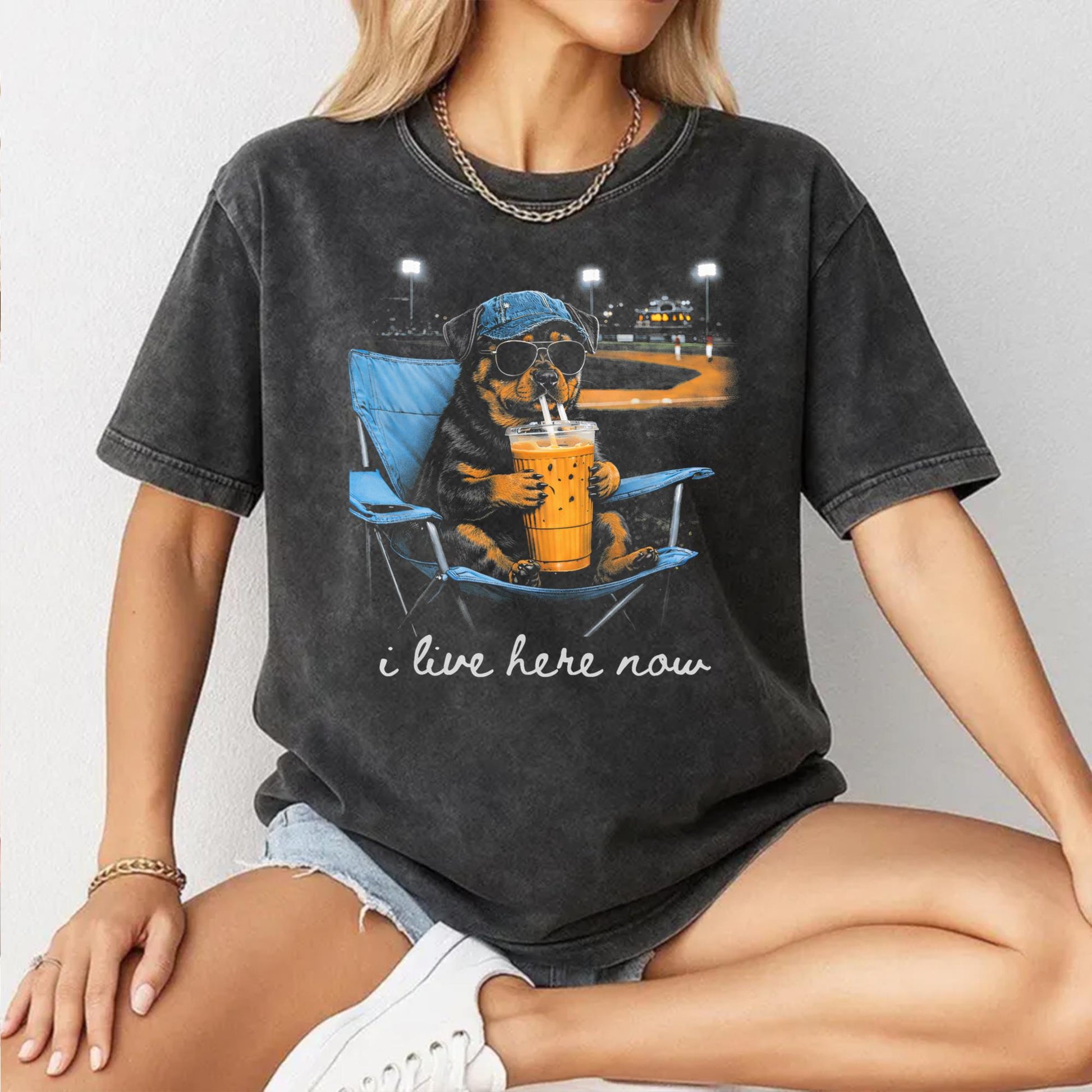Funny Rottweiler Ballfield Baseball Field I Live Here Now T-Shirt