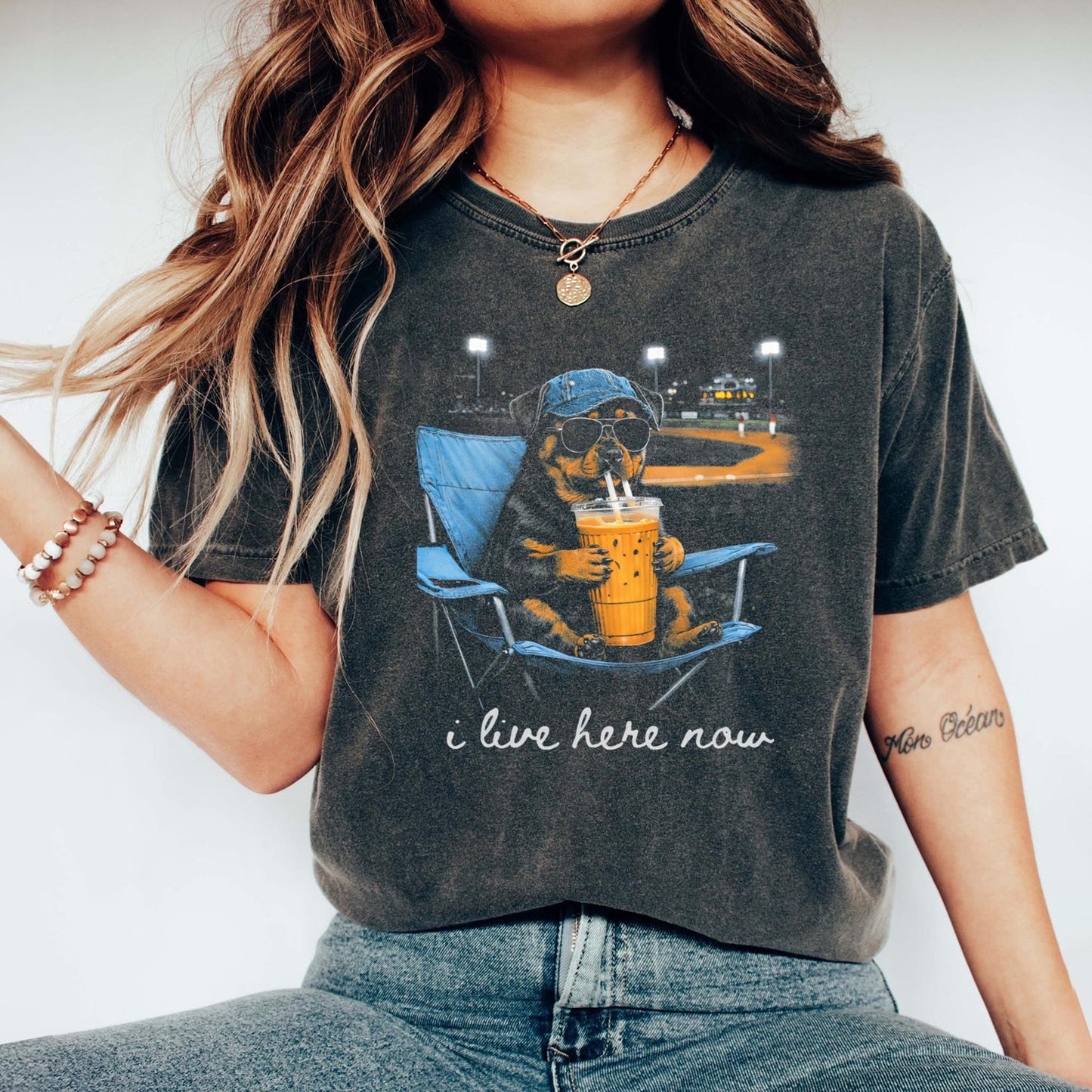 Funny Rottweiler Ballfield Baseball Field I Live Here Now T-Shirt