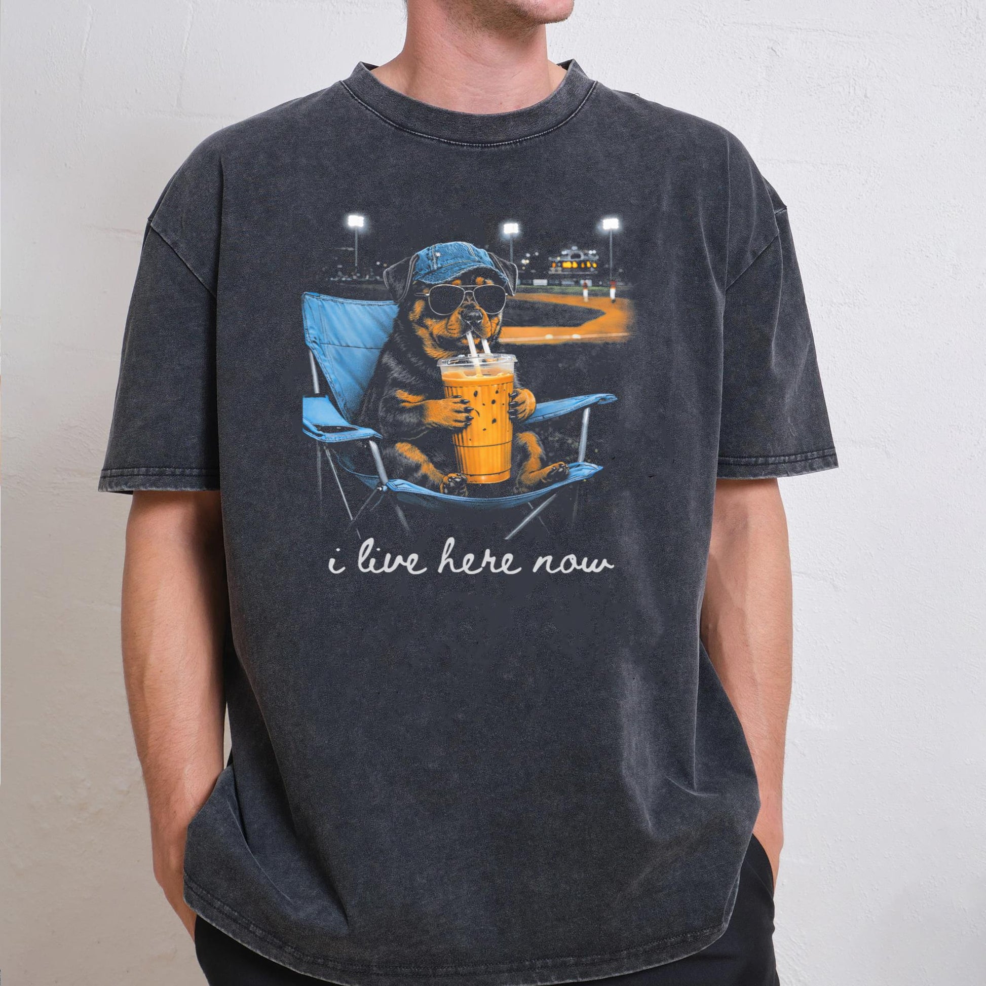 Funny Rottweiler Ballfield Baseball Field I Live Here Now T-Shirt