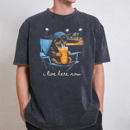Funny Rottweiler Ballfield Baseball Field I Live Here Now T-Shirt
